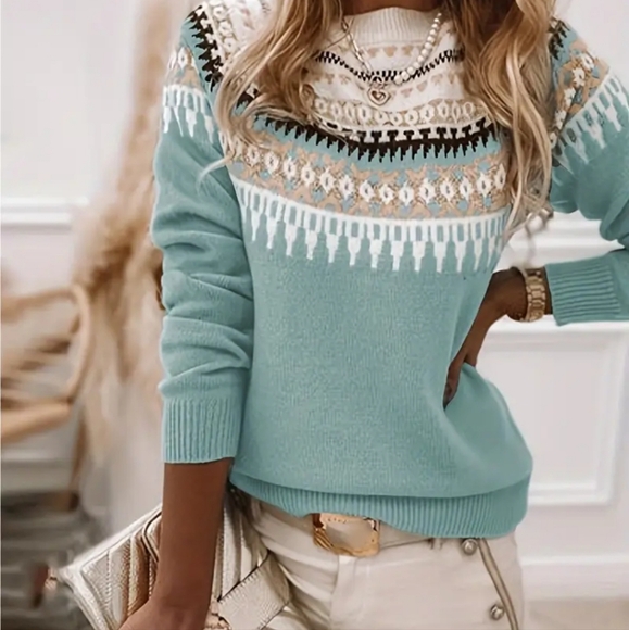 BEST SELLER!! Georgeous Rich Teal and White Crew Neck Fair Isle Sweater. - Picture 4 of 6